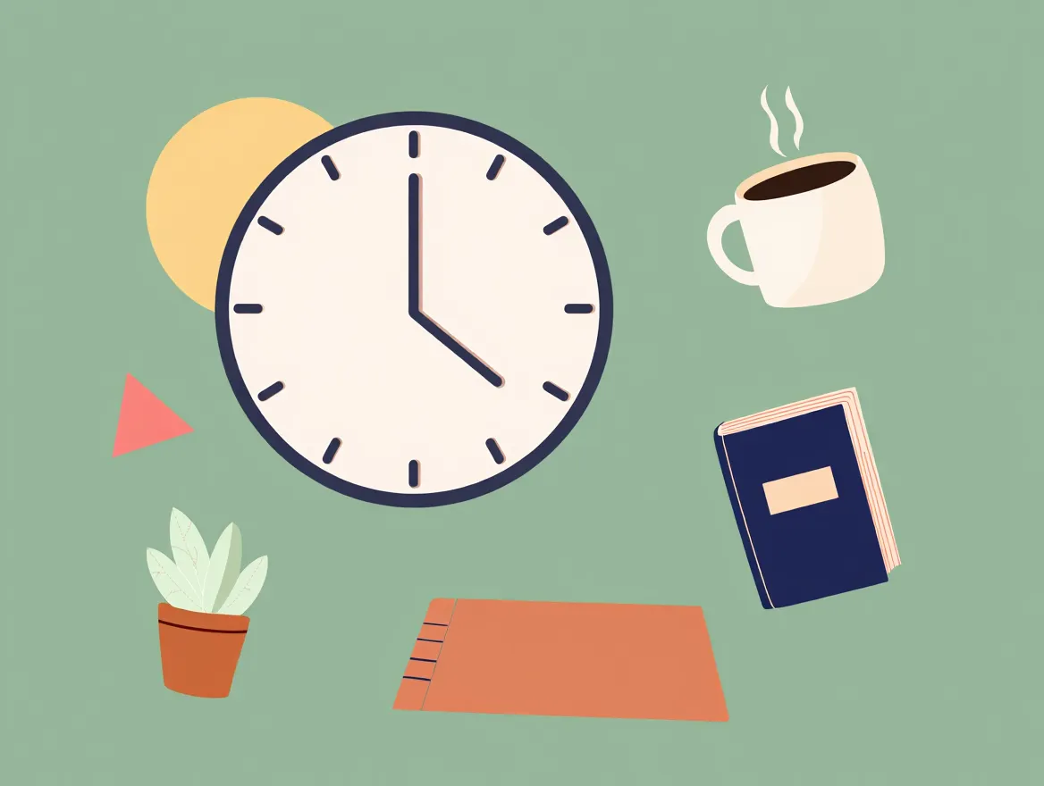 Illustration af bevidst morgenplanlægning med ur og daglige opgaver
